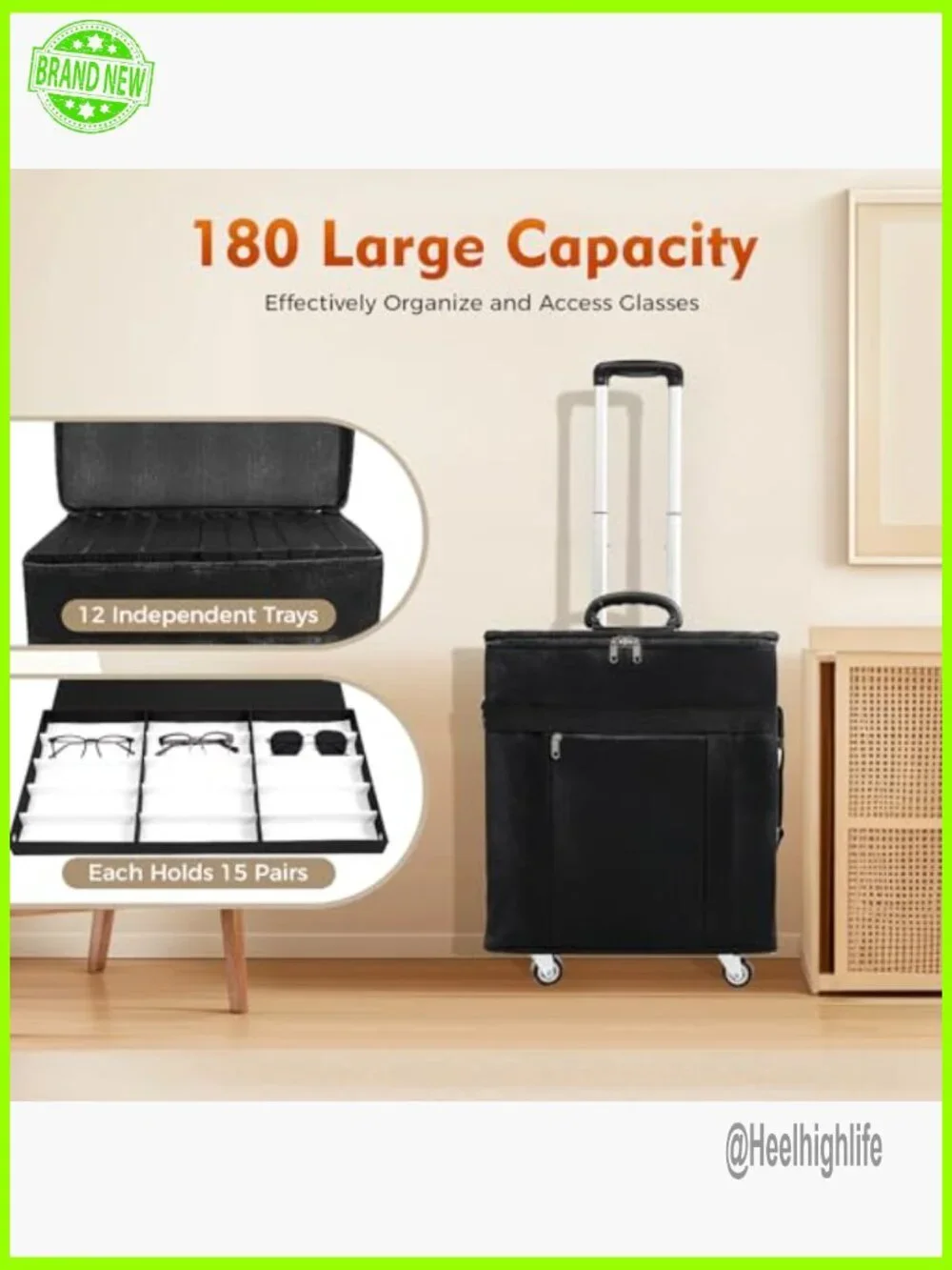 Large Capacity 180 Pair Eyeglass Storage Case with Wheels & Pull Rod